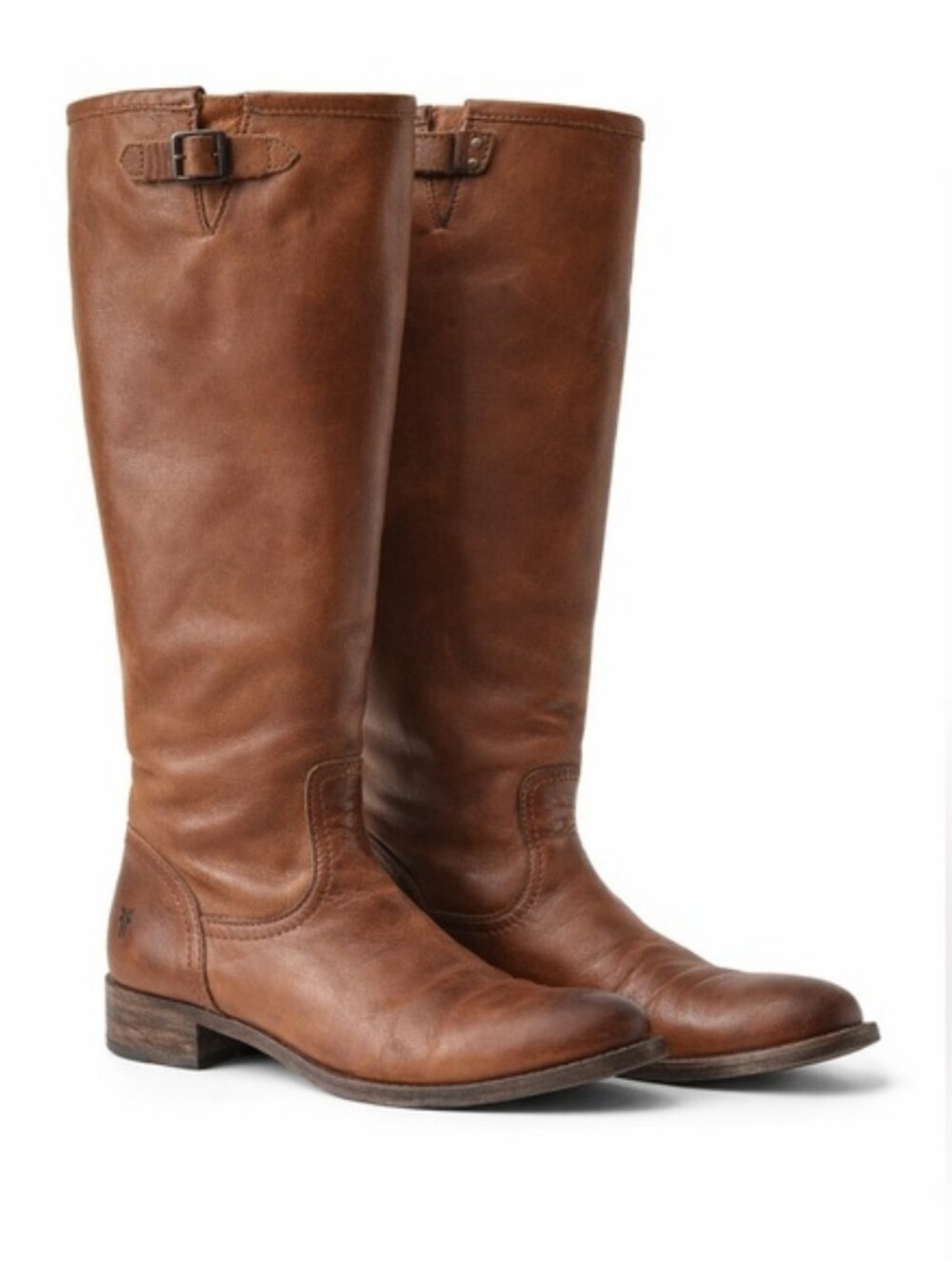 FRYE Pippa Tall Leather Boots — Brown Size 8, Back Zipper, Calf Buckle, Comfort